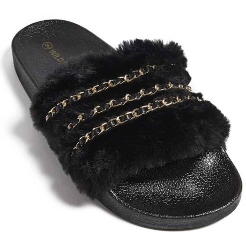 EUC Comfortable Wild Diva Faux Fur Chain Slides